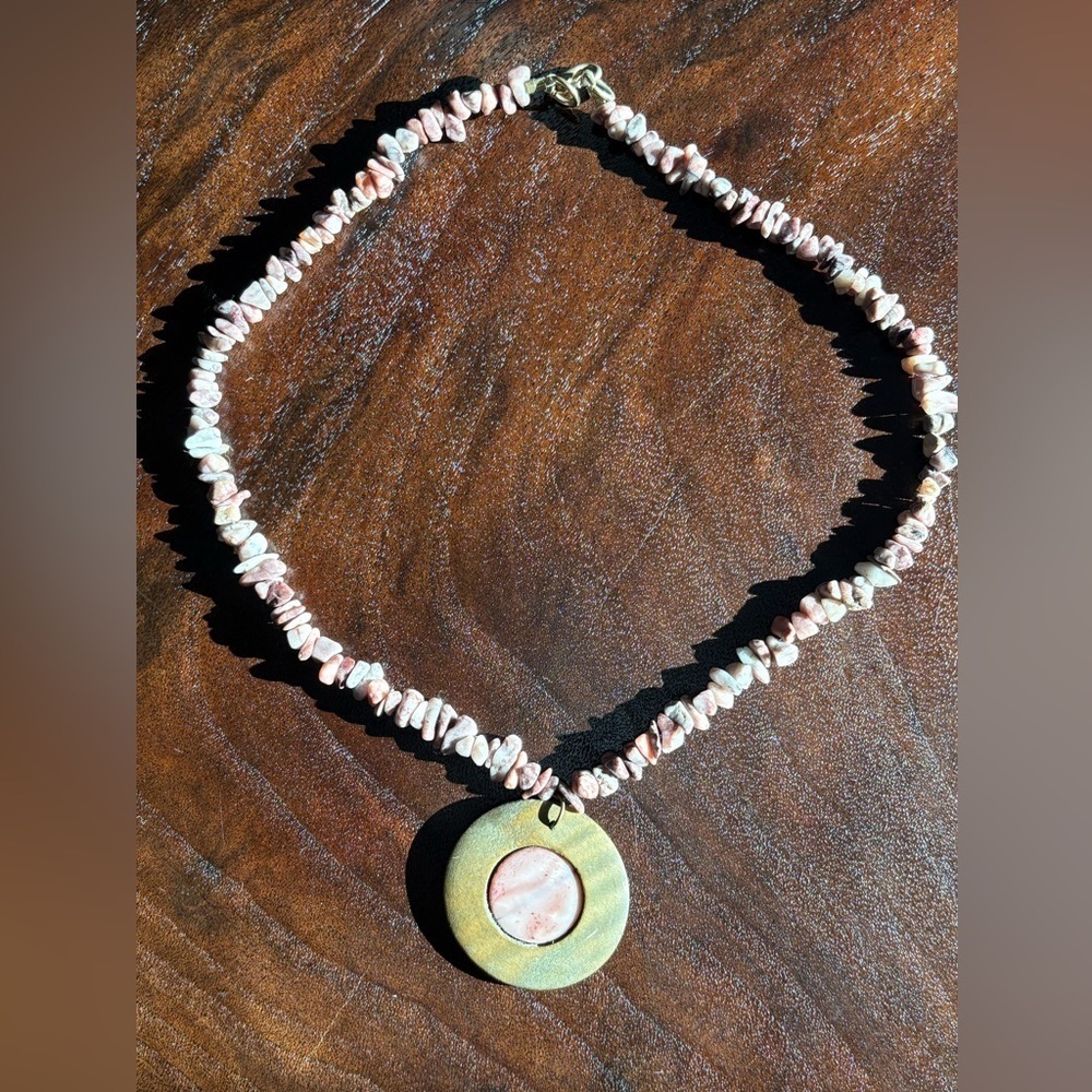 One Of A Kind Handmade Pink White Puka Shell Chip Bead Wood Necklace Made By Me! - Picture 8 of 12